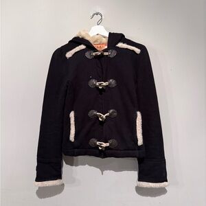 Vintage Juicy Couture Faux Fur Trim Hooded Jacket 2000s Y2K Women S Black